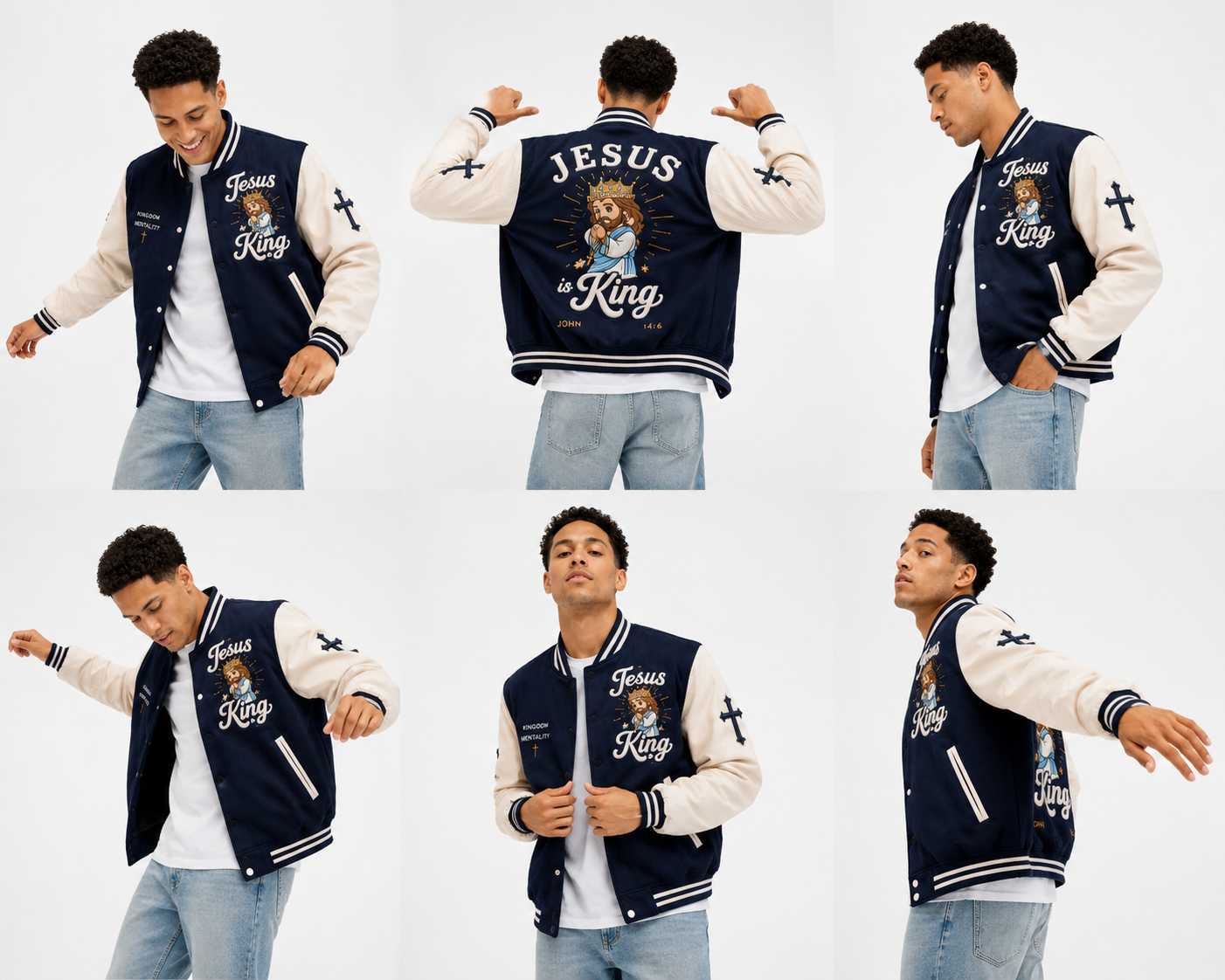 Model wearing the Kingdom Mentality varsity jacket