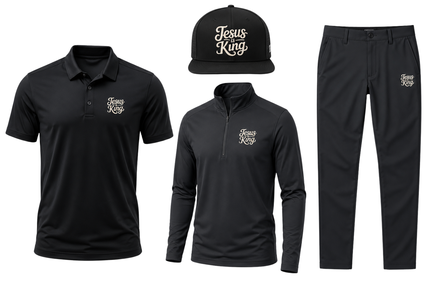 Men's course kit: black polo, quarter-zip, tech trouser and crown cap