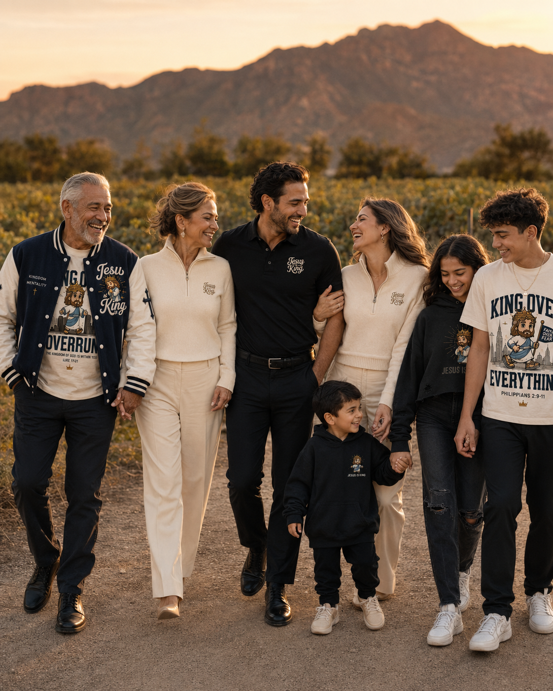 A family walking together in Jesus Is King varsity, quarter-zips and tees at golden hour